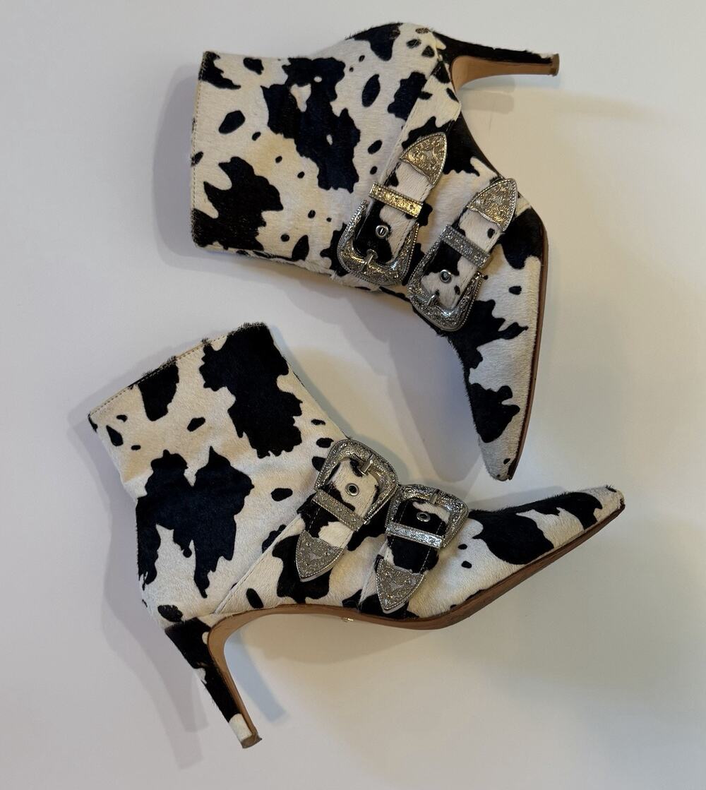Raye the Label Lasso Women's Cow Print Ankle Calf Hair Buckle Booties US Sz 8.5